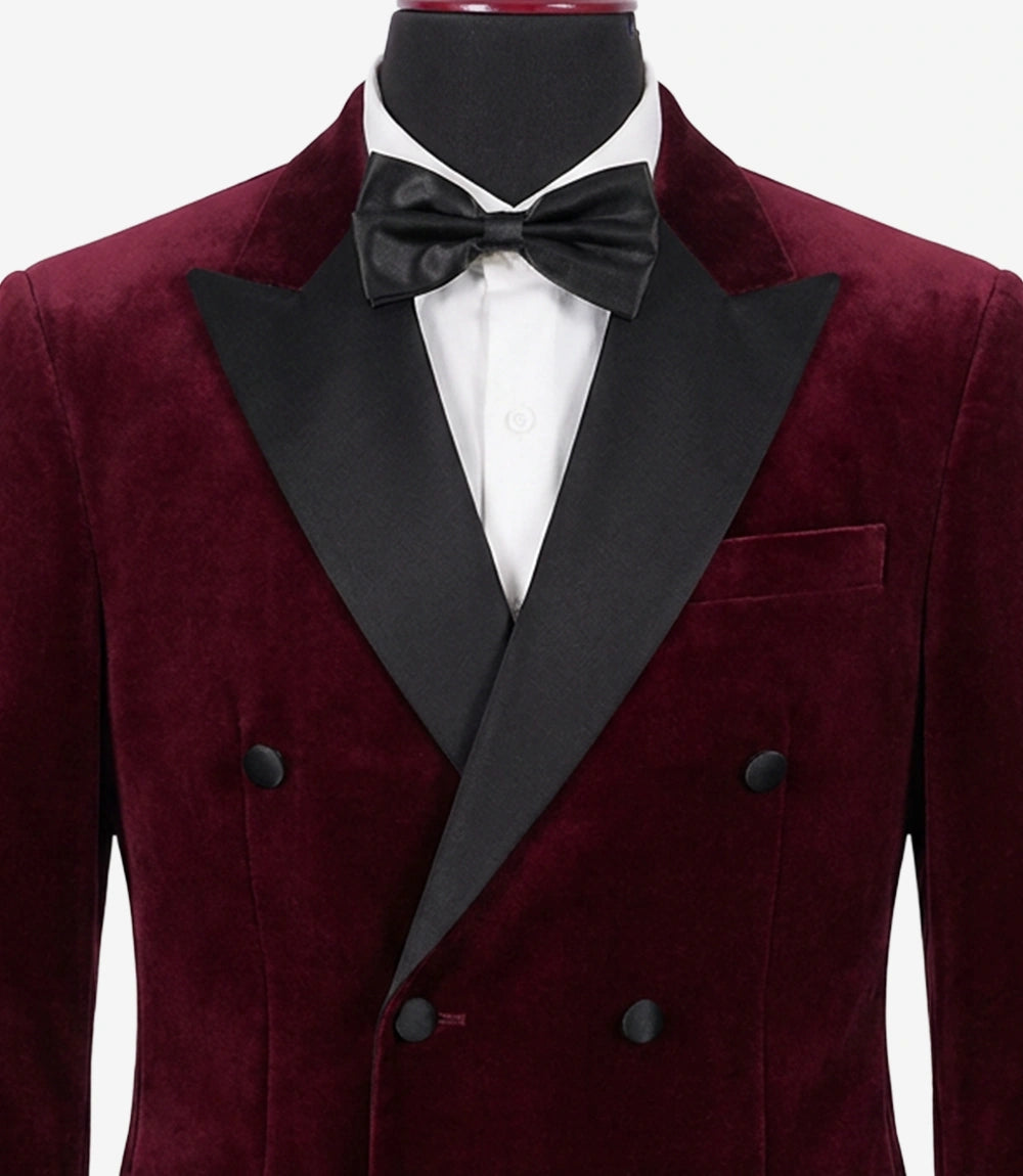 Men’s Burgundy Velvet Double-Breasted Tuxedo Jacket — Peak Lapel