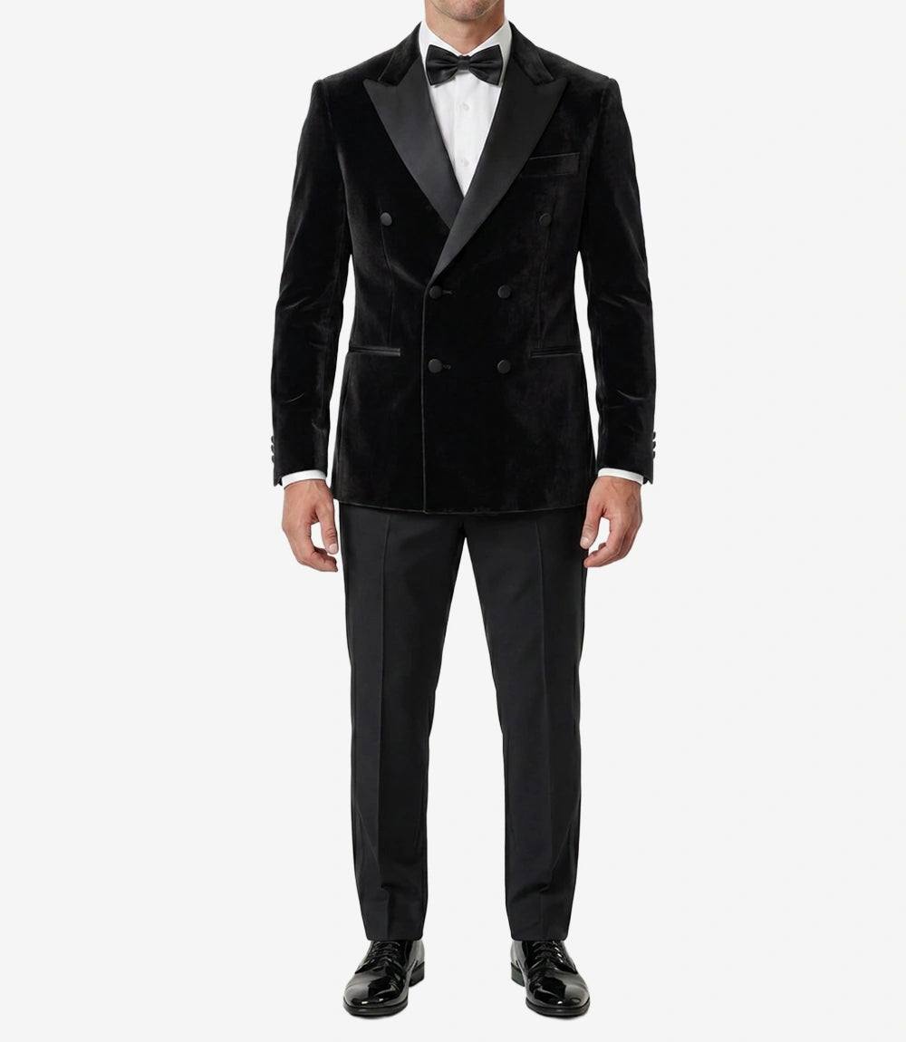 Men’s Black Velvet Double-Breasted Tuxedo Jacket — Peak Lapel