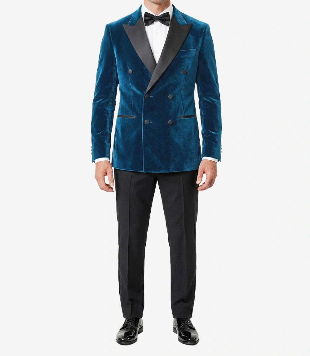 Men’s Teal Blue Velvet Double-Breasted Tuxedo Jacket — Peak Lapel