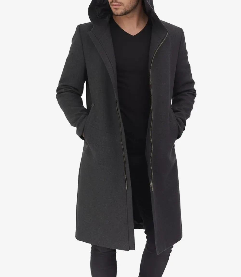 Men's Hooded Gray Wool Overcoat | Long Length Warm Winter Coat