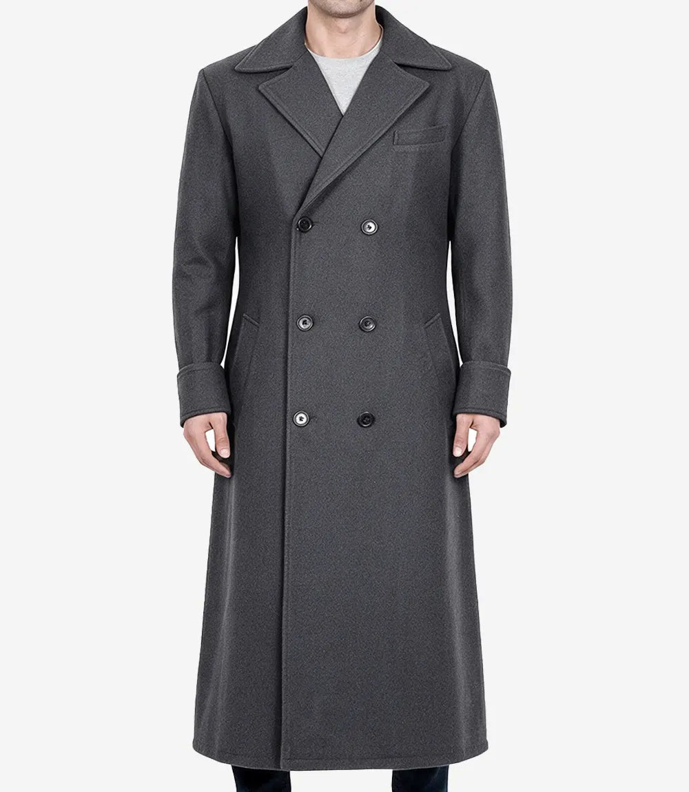 Men's Grey Double-Breasted Wool Coat - Grey