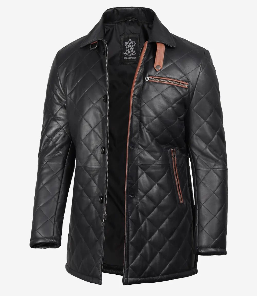 Black Quilted Leather Coat With Brown Detailing