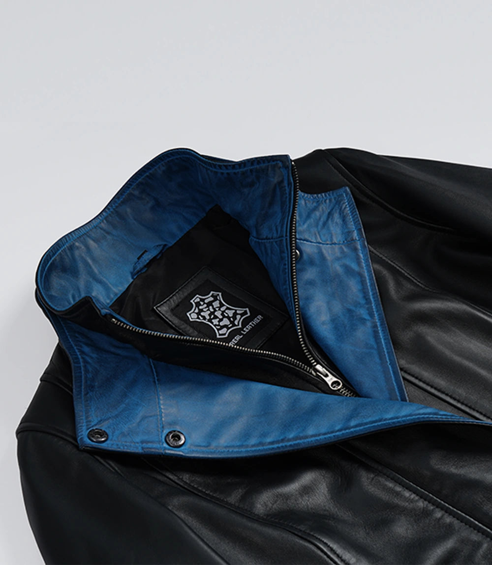 Erin Women's High-Collar Black Leather Jacket With Blue Waxed Details