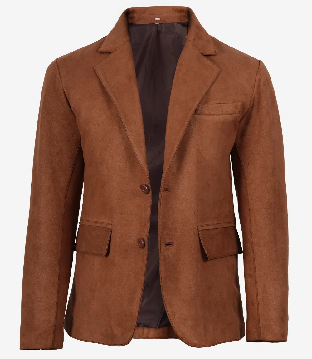 Men's Light Brown Faux Suede Blazer Jacket – 2-Button Notch Lapel