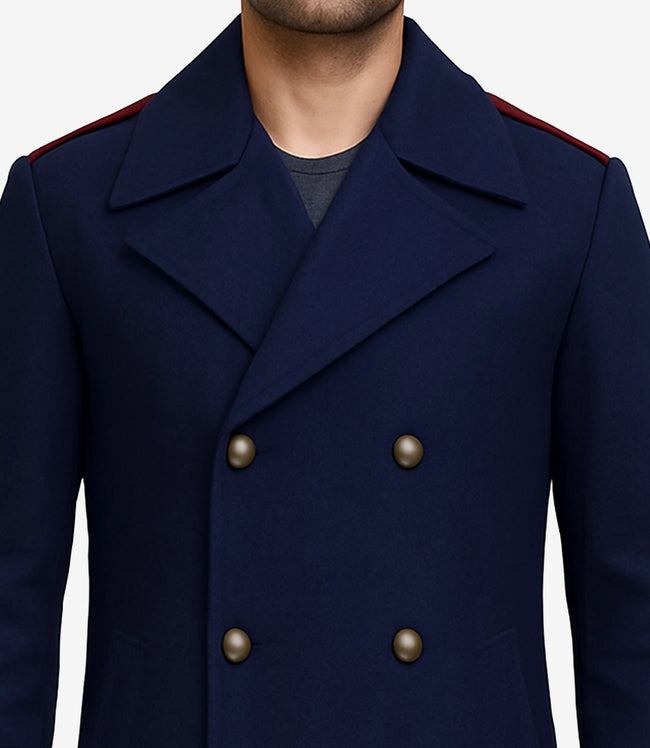 Men's Navy Blue Wool Coat – Double-Breasted