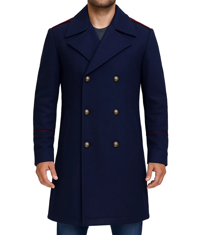 Men's Navy Blue Wool Coat – Double-Breasted