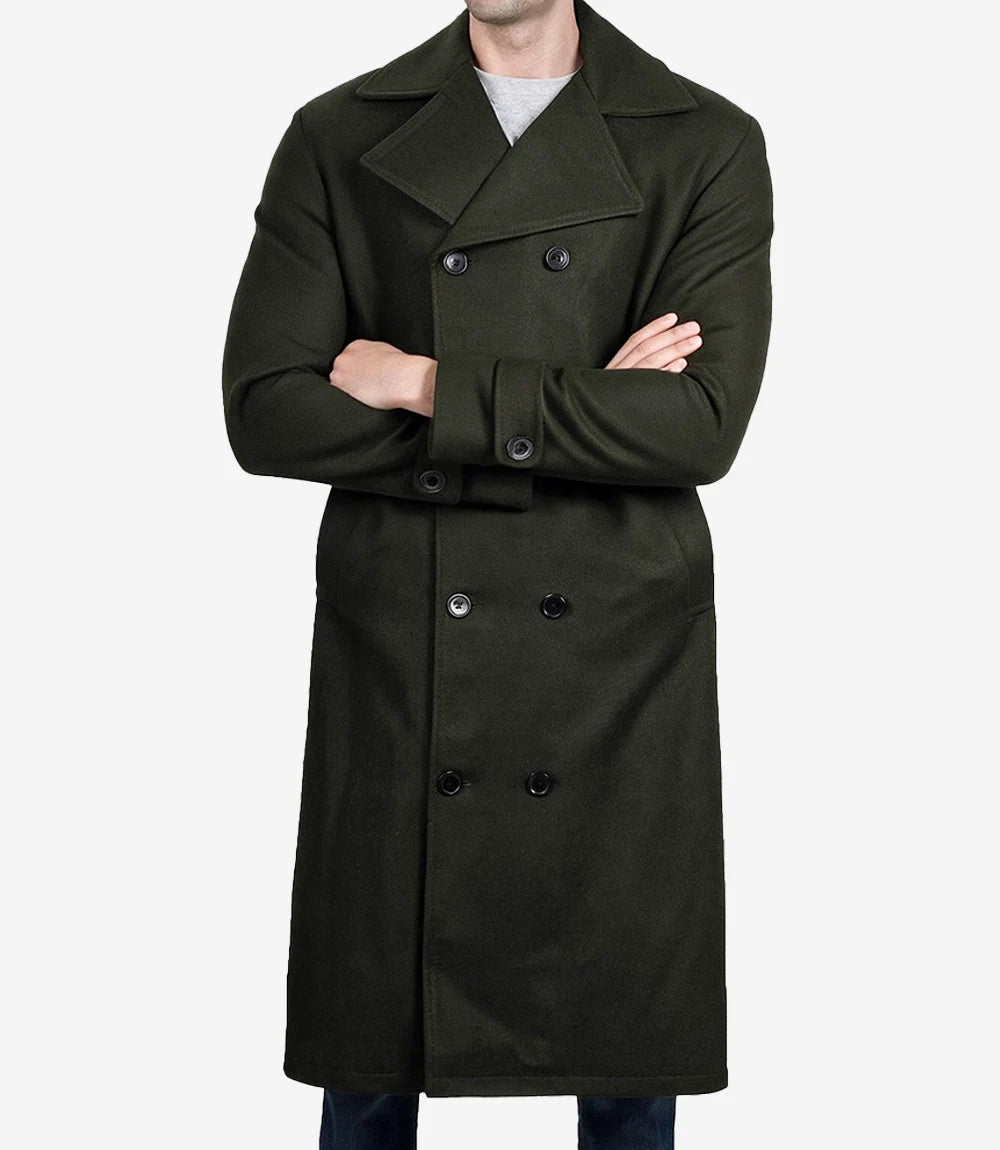 Kenney Men’s Double-Breasted Olive Green Wool Coat - Olive Green