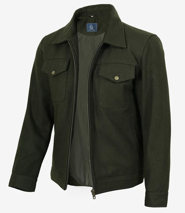 Men's Olive Green Wool Utility Jacket - Zip Closure