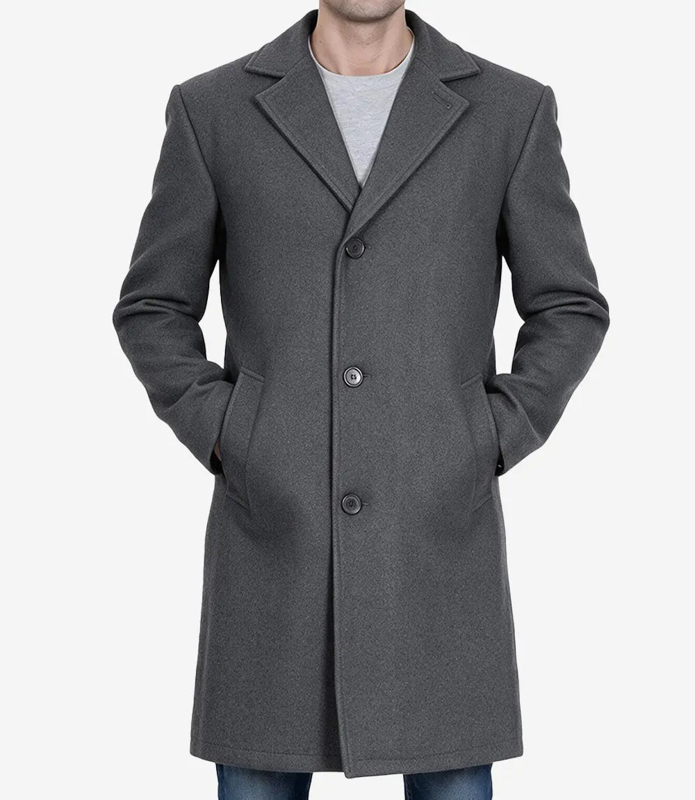 Men’s Single-Breasted Grey Wool Coat – Modern Fit - Grey