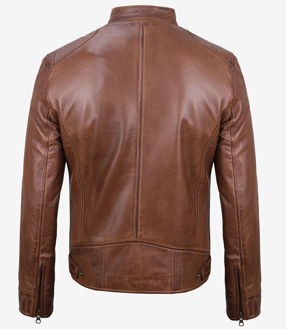 Mens Tall Cognac Leather Biker Style Jacket