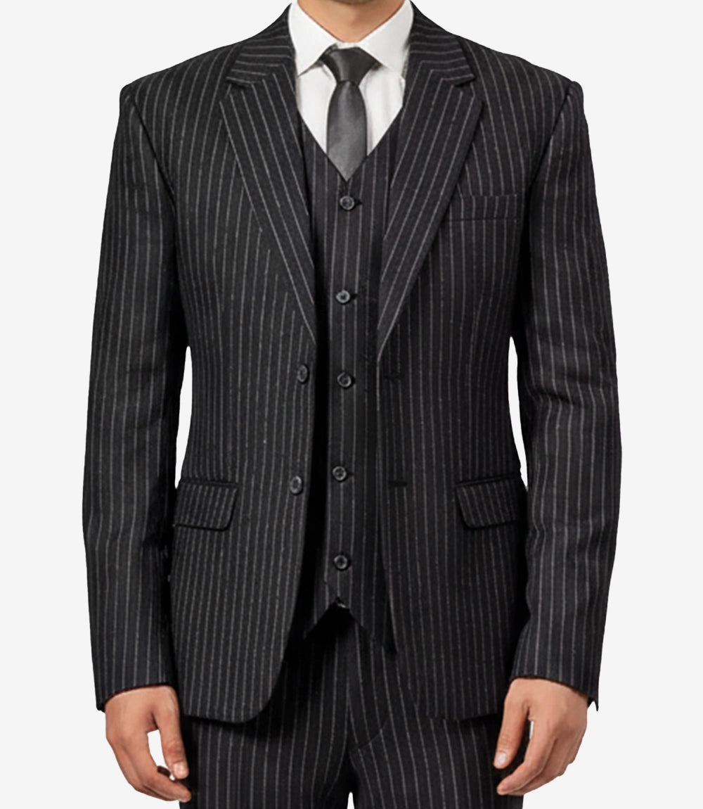 Men's Black Pinstripe Wool-Blend 3-Piece Suit Vintage 1920s Cut