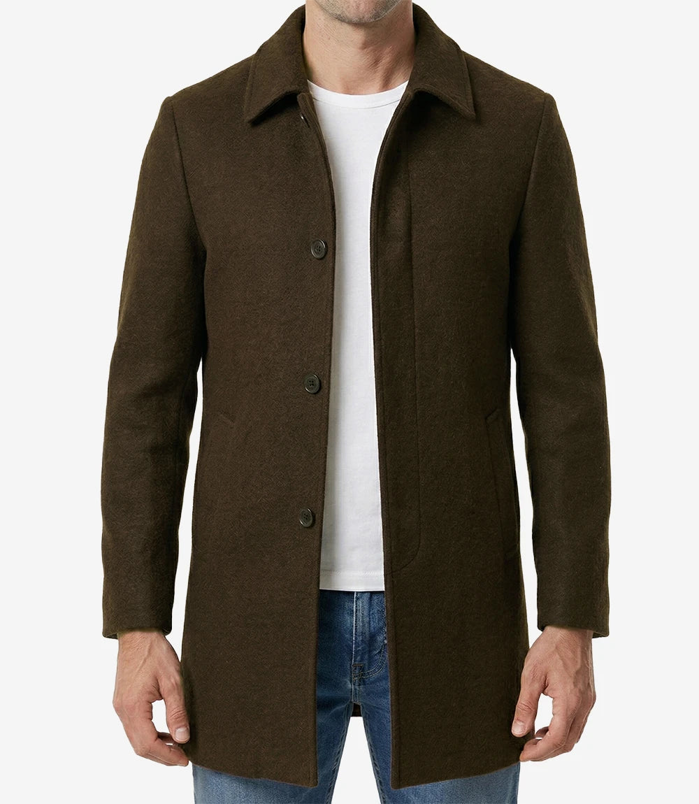 Armando Mens Classic Brown Mid Length Wool Overcoat