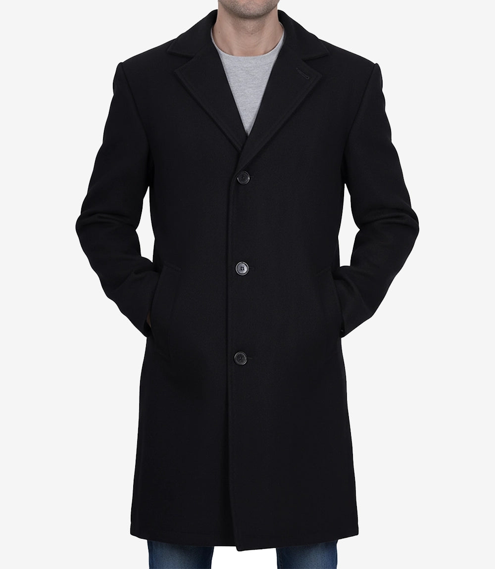 Men's Single-Breasted Black Wool Coat – Modern Fit