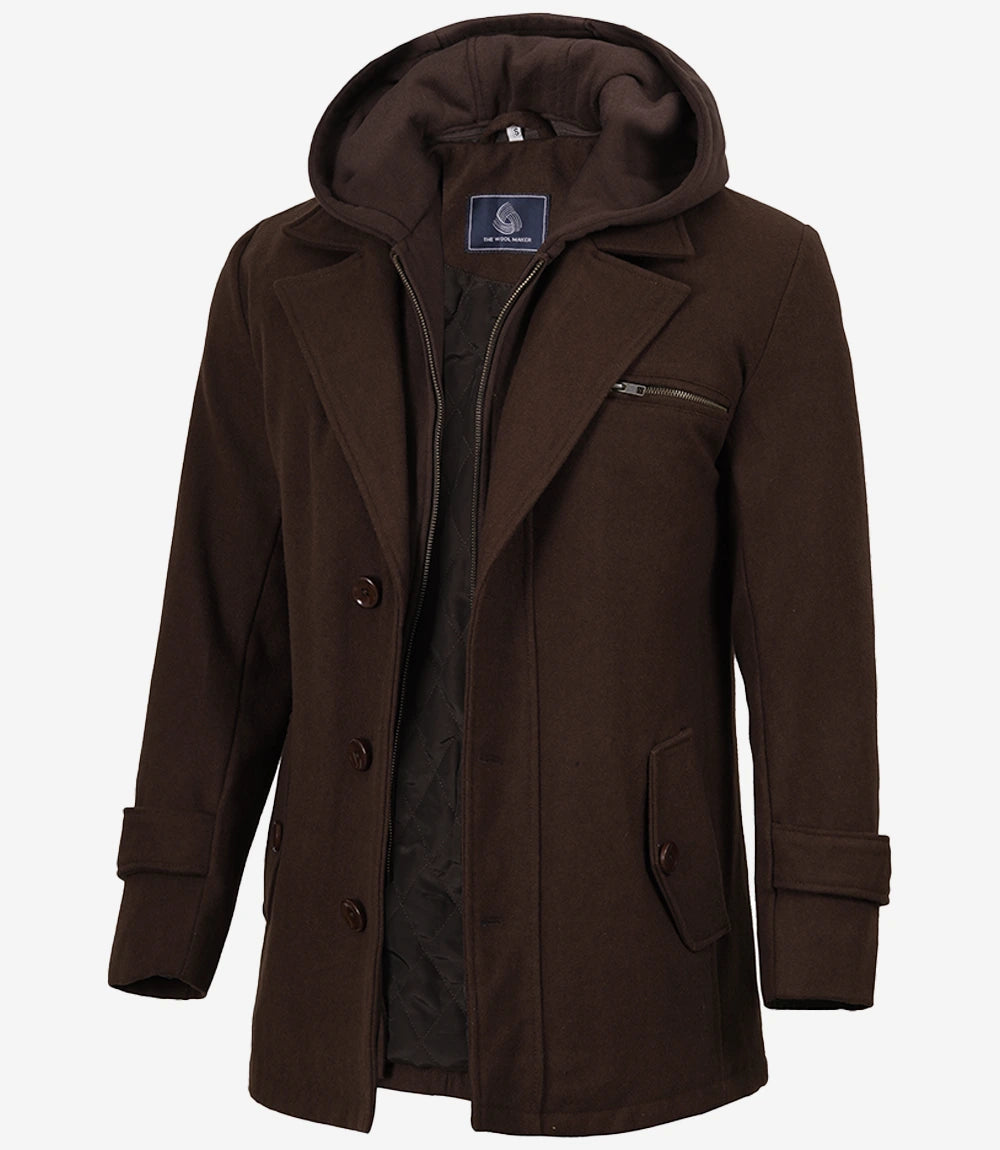 Men's Brown Wool Jacket – Removable Hood with Notch Lapel