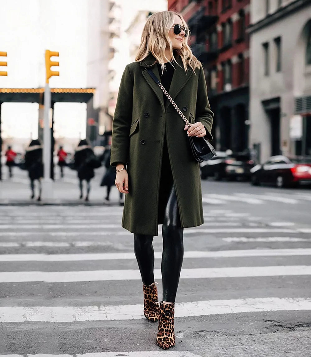 The Classicist: Women's Double-Breasted Wool Coat in Olive Green - Olive Green - view 3