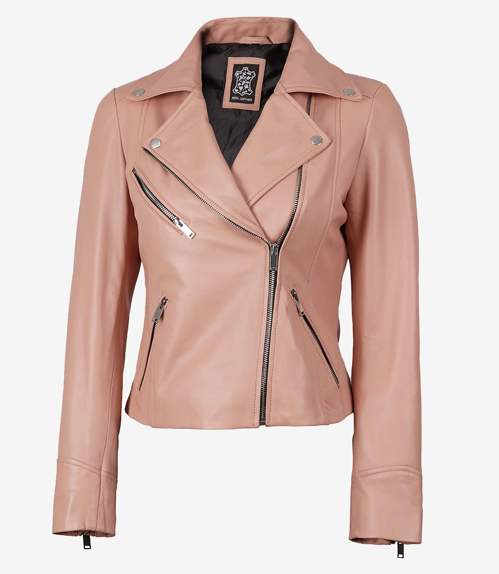 Womens Real Lambskin Leather Pink Moto Jacket