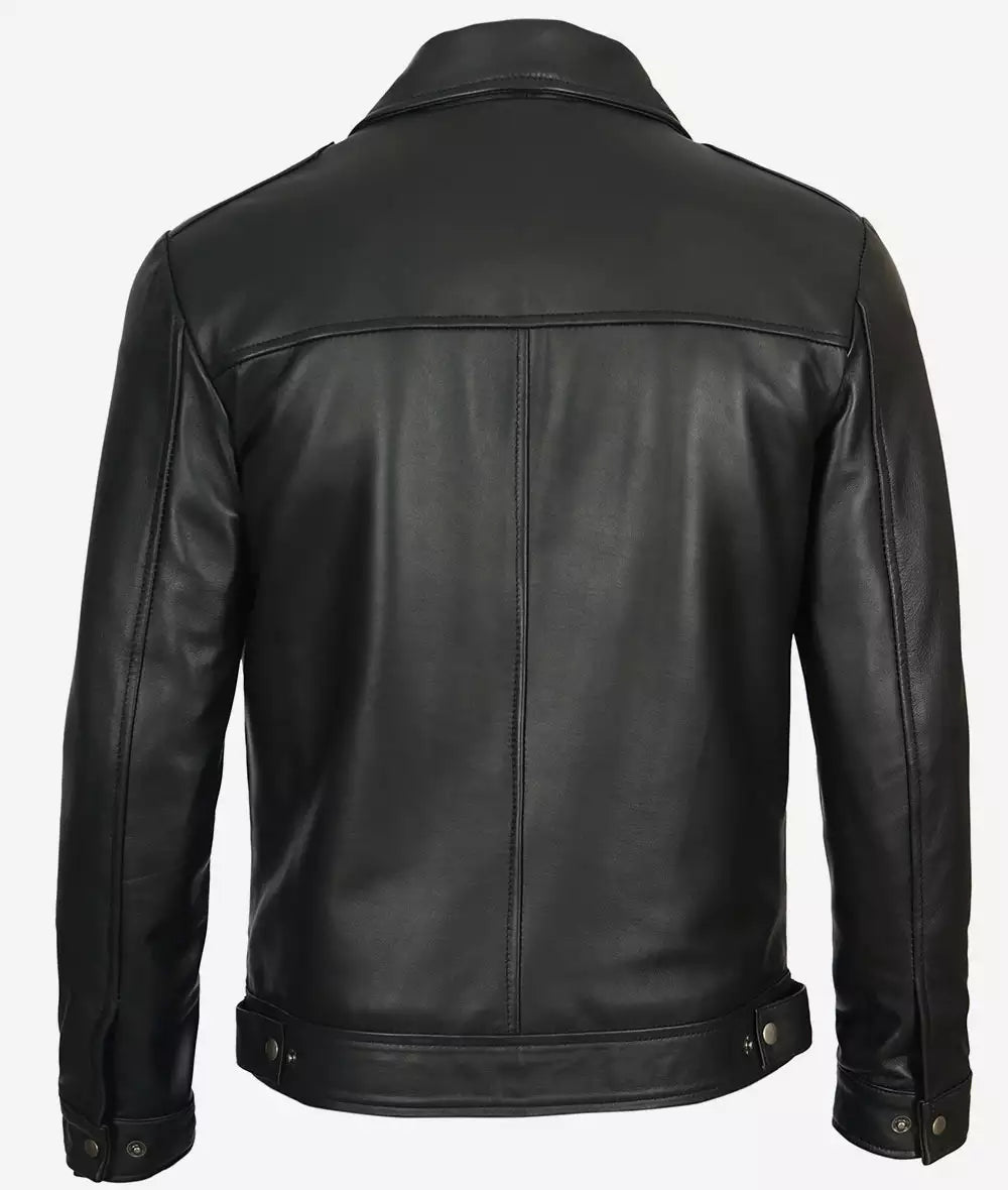 Mens Tall Shirt Collar Black Vintage Leather Jacket