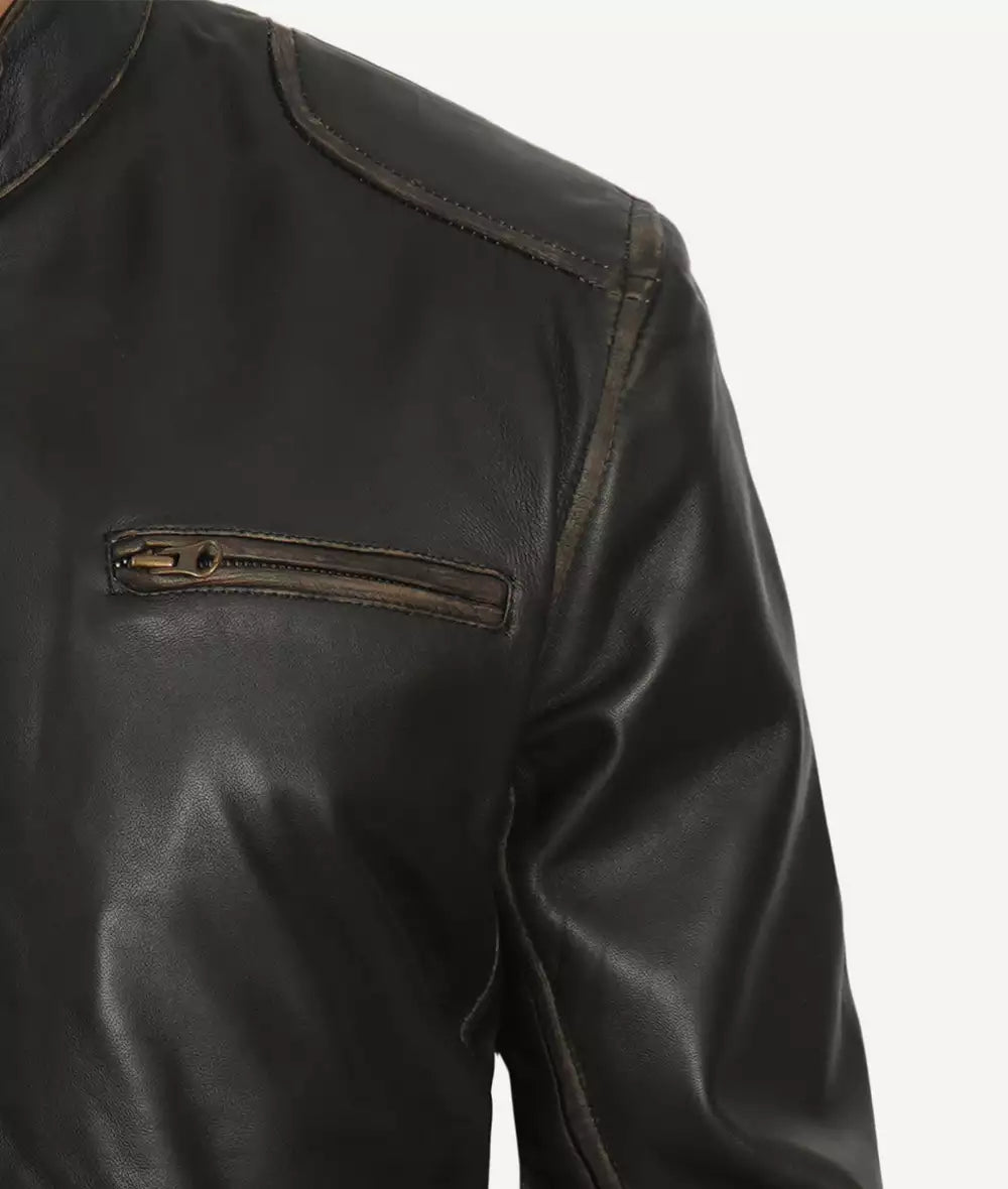 Mens Tall Real Leather Rub Off Brown Cafe Racer Jacket
