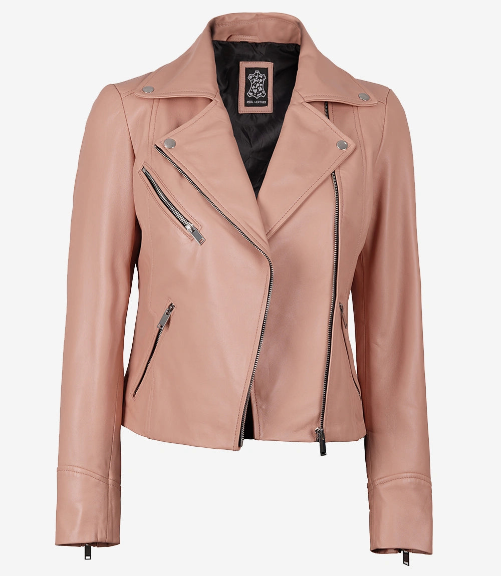 Womens Real Lambskin Leather Pink Moto Jacket