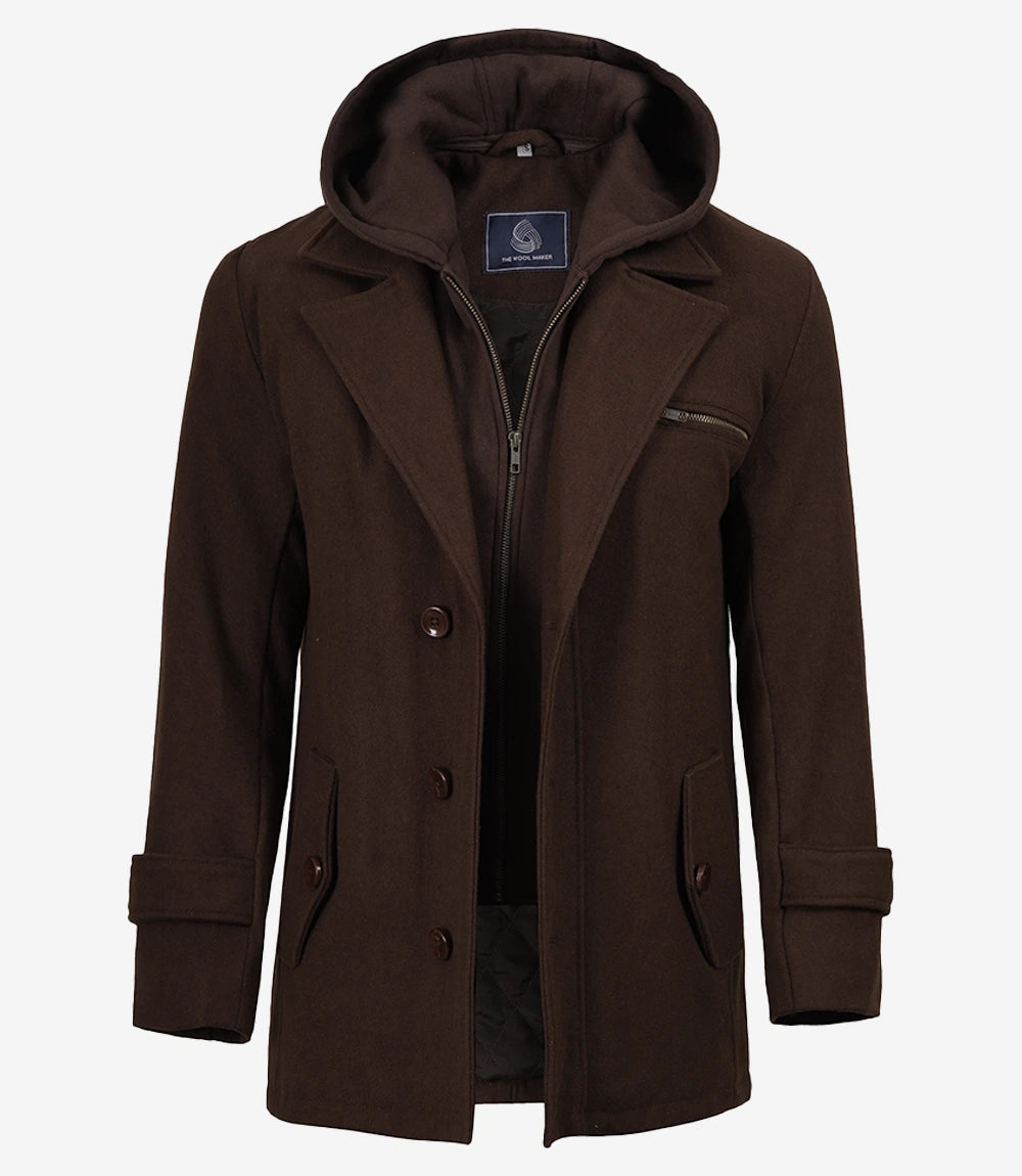 Men's Brown Wool Jacket – Removable Hood with Notch Lapel