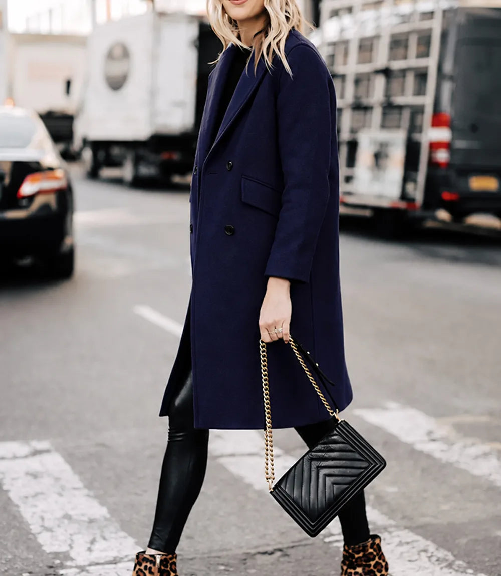 The Classicist: Women's Double-Breasted Wool Coat in Rich Blue - Blue - view 2