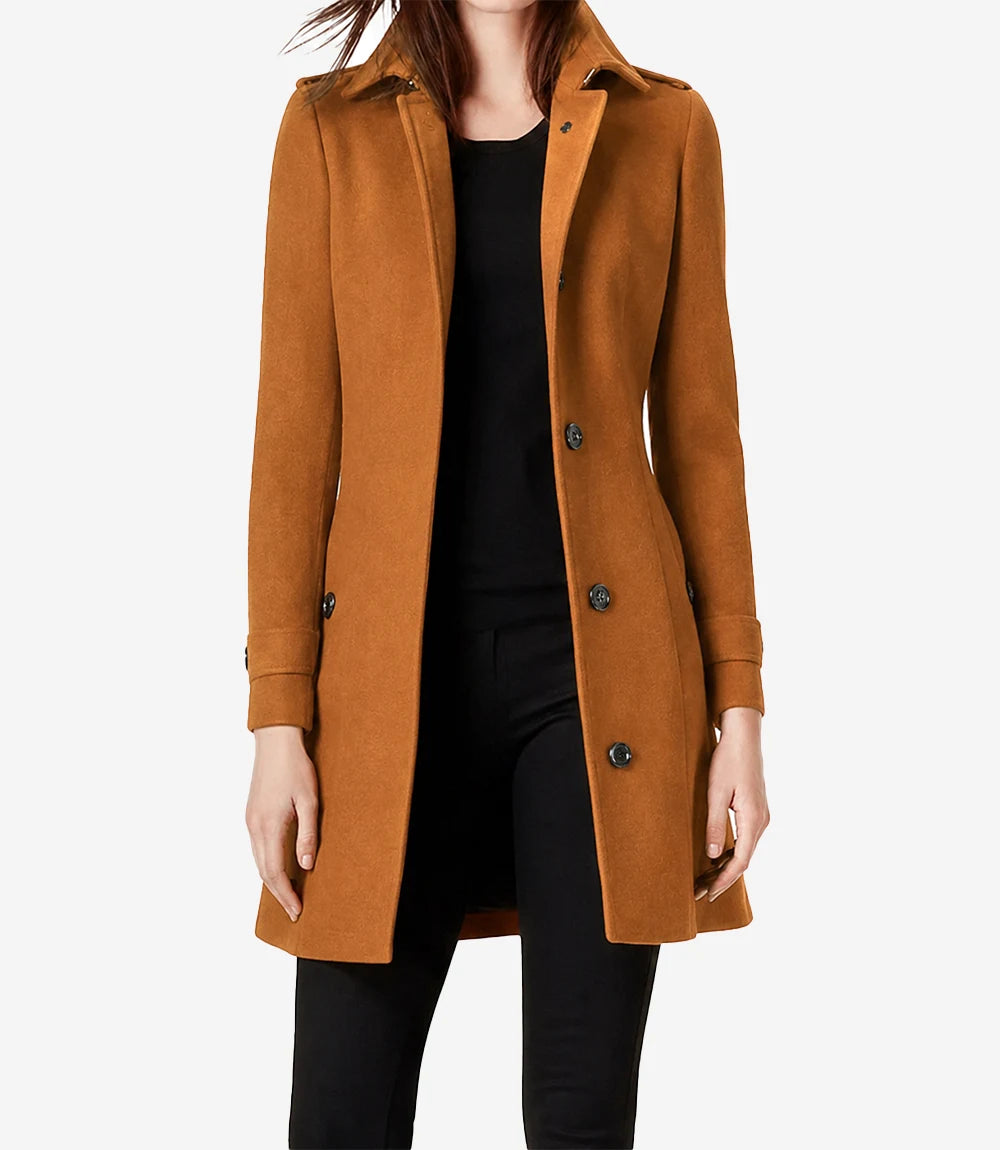 Josephine Women's Mid Length Rust Wool Coat - Rust