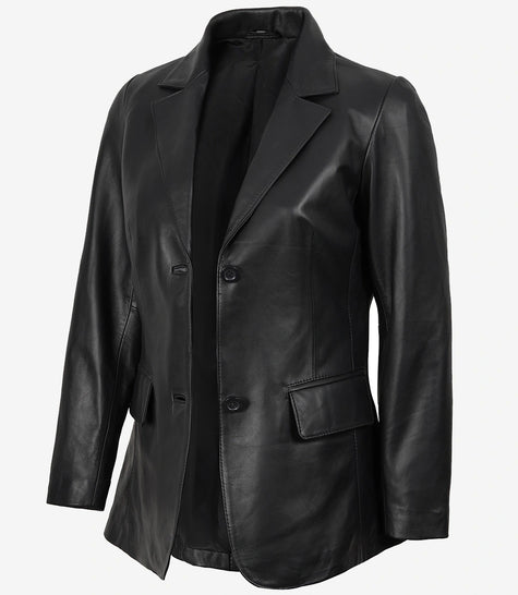 Shannon Women's Two Button Black Leather Blazer