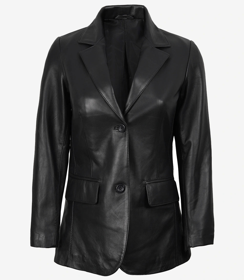 Shannon Women's Two Button Black Leather Blazer