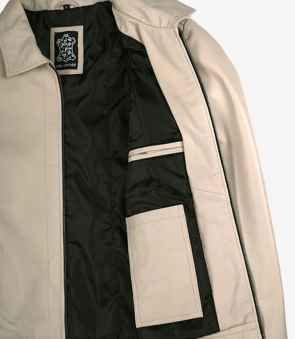 Mens Shirt Collar Beige Leather Jacket