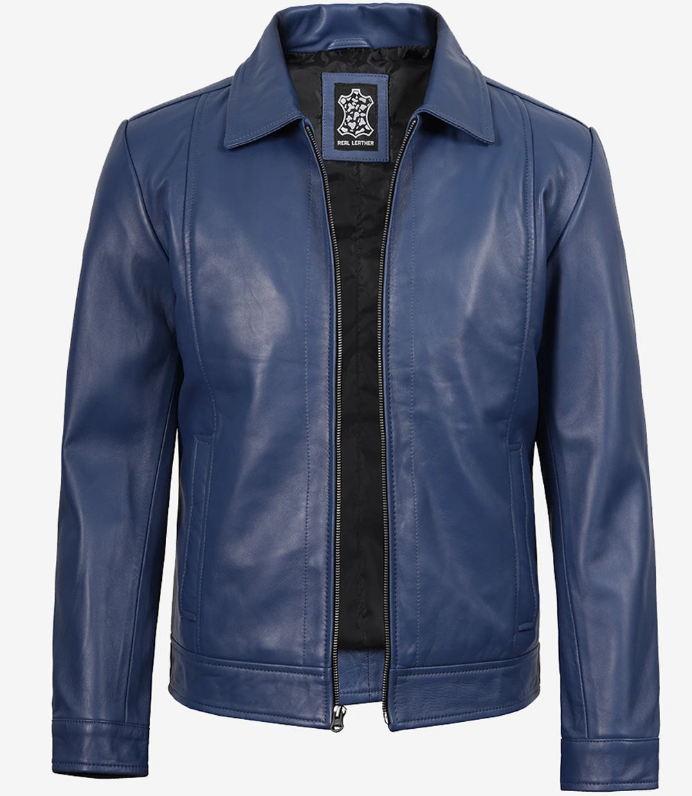 Mens Shirt Collar Blue Leather Jacket