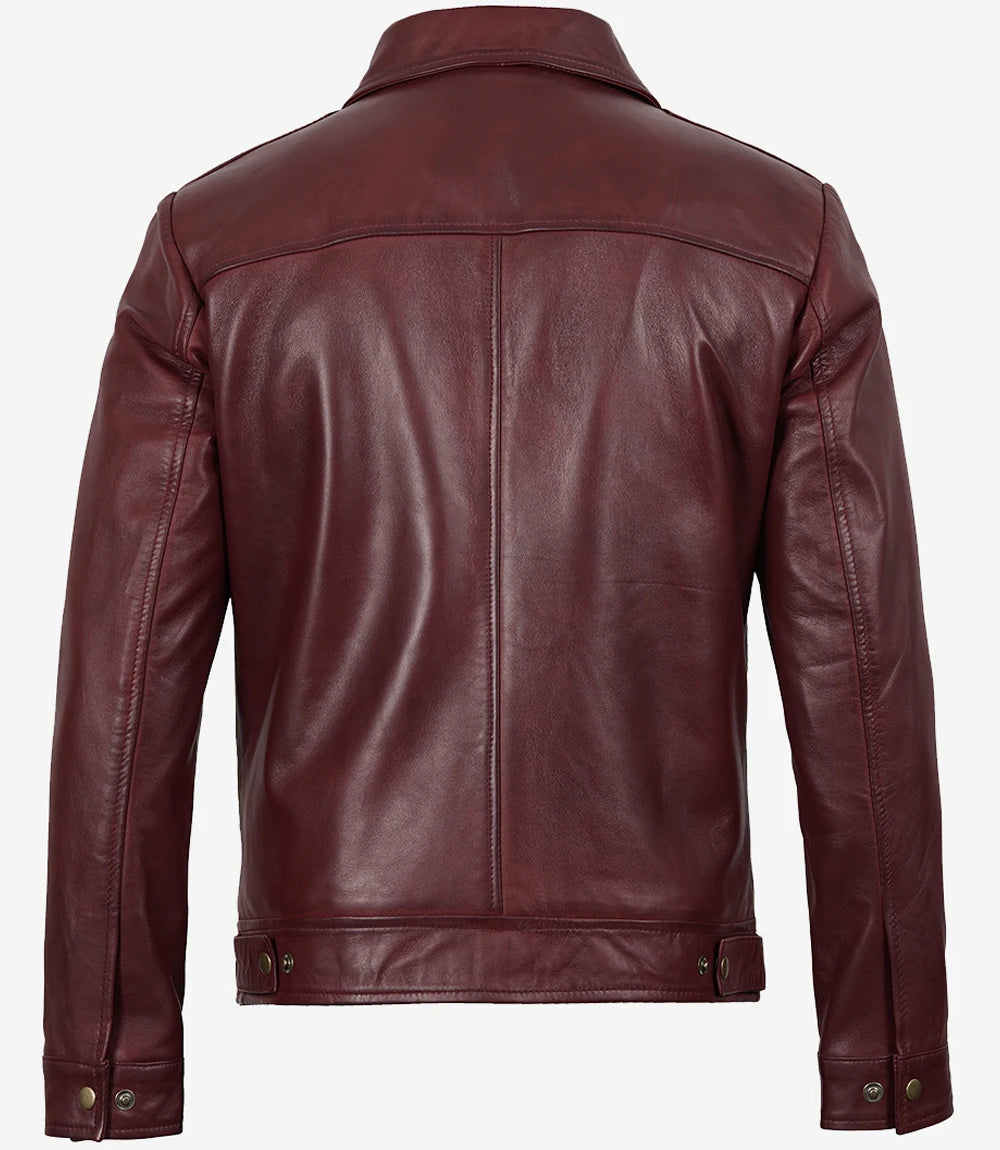 Mens Classic Shirt Collar Maroon Leather Jacket