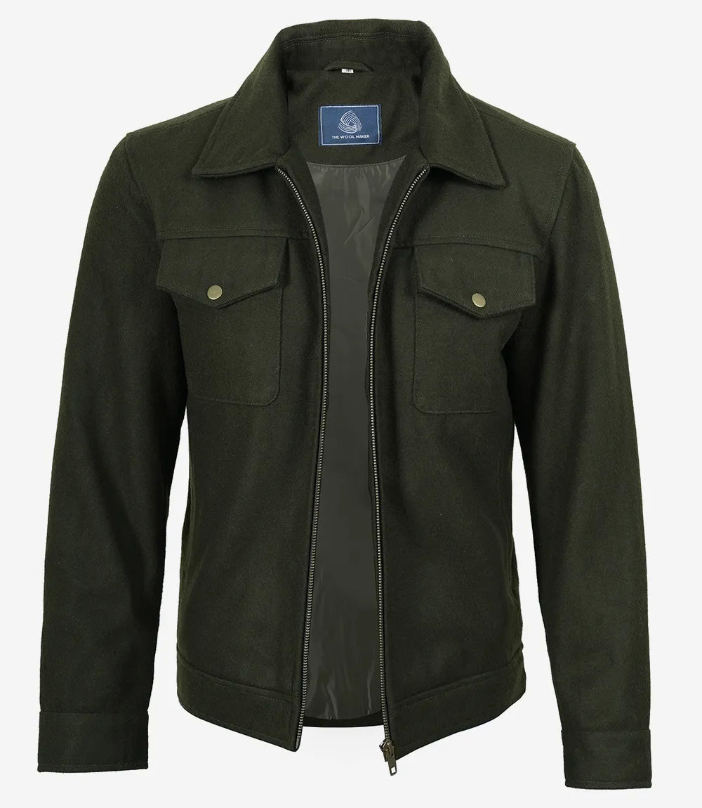 Men's Olive Green Wool Utility Jacket - Zip Closure