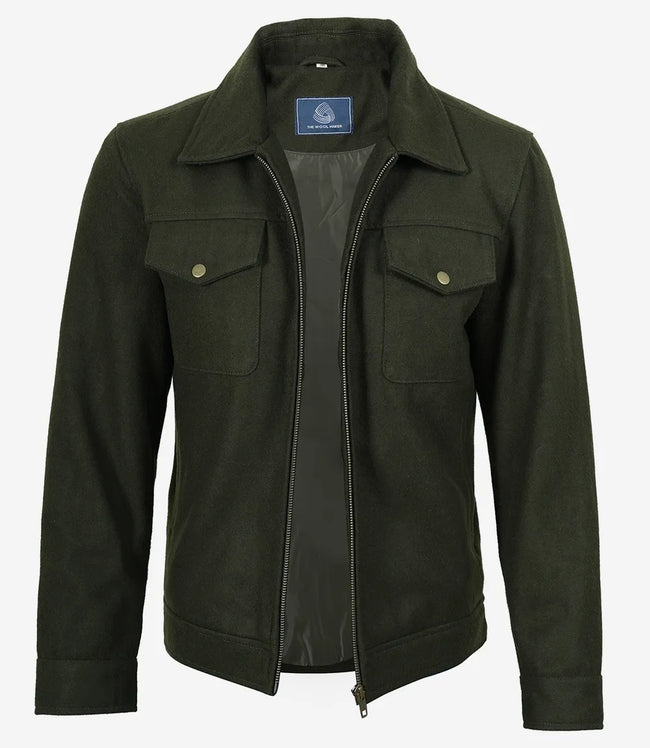 Men's Olive Green Wool Utility Jacket - Zip Closure