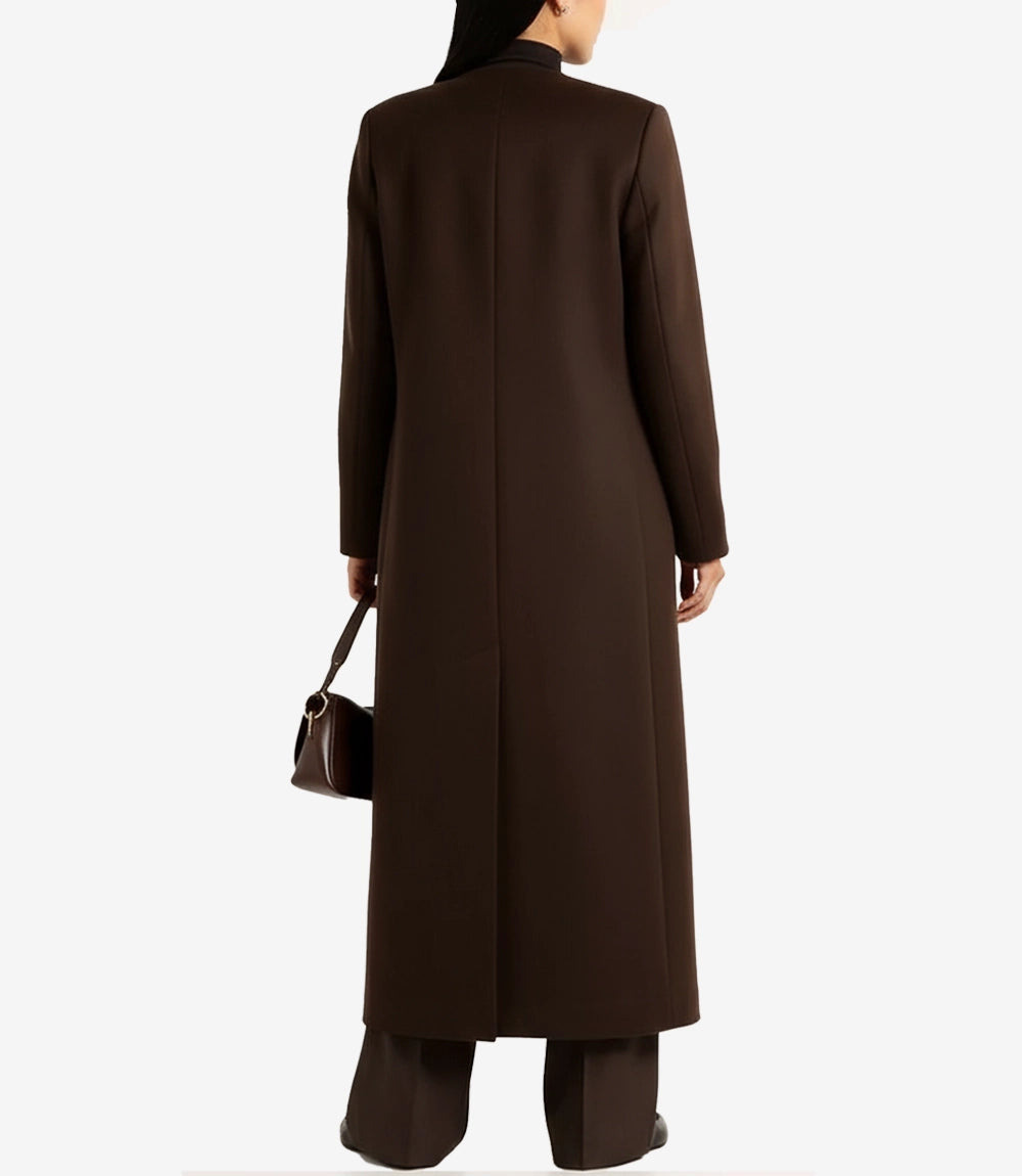 Rosario Womens Collarless Chocolate Brown Wool Trench Coat