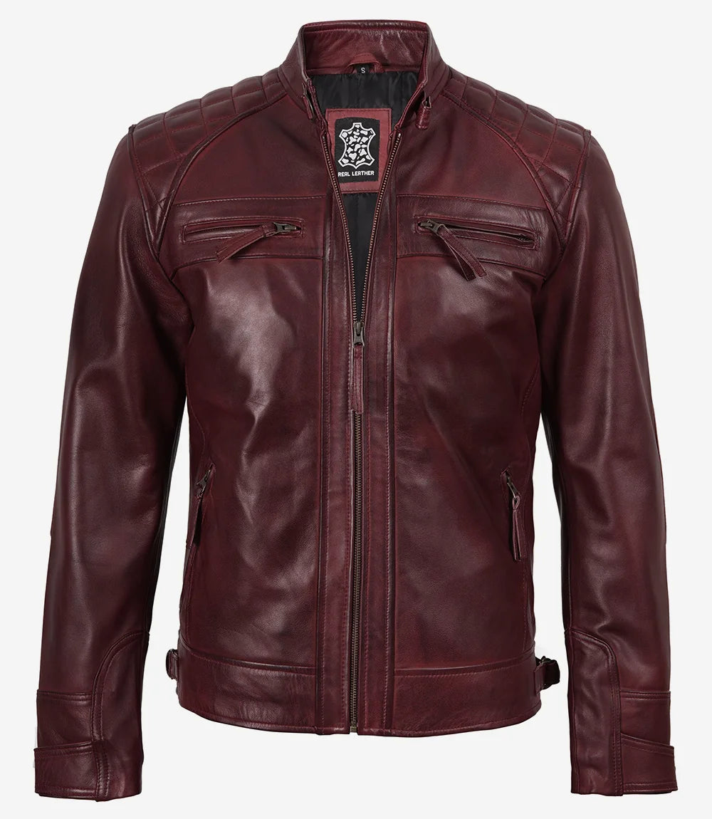 Men's Tall Real Leather Maroon Biker Style Jacket - Quilted Shoulder