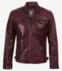 Men's Tall Real Leather Maroon Biker Style Jacket - Quilted Shoulder