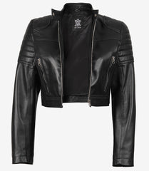 Womens Black Biker Cropped Leather Jacket