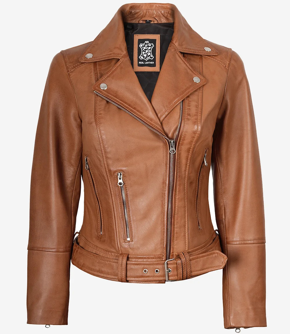 Women's Asymmetrical Belted Tan Leather Jacket