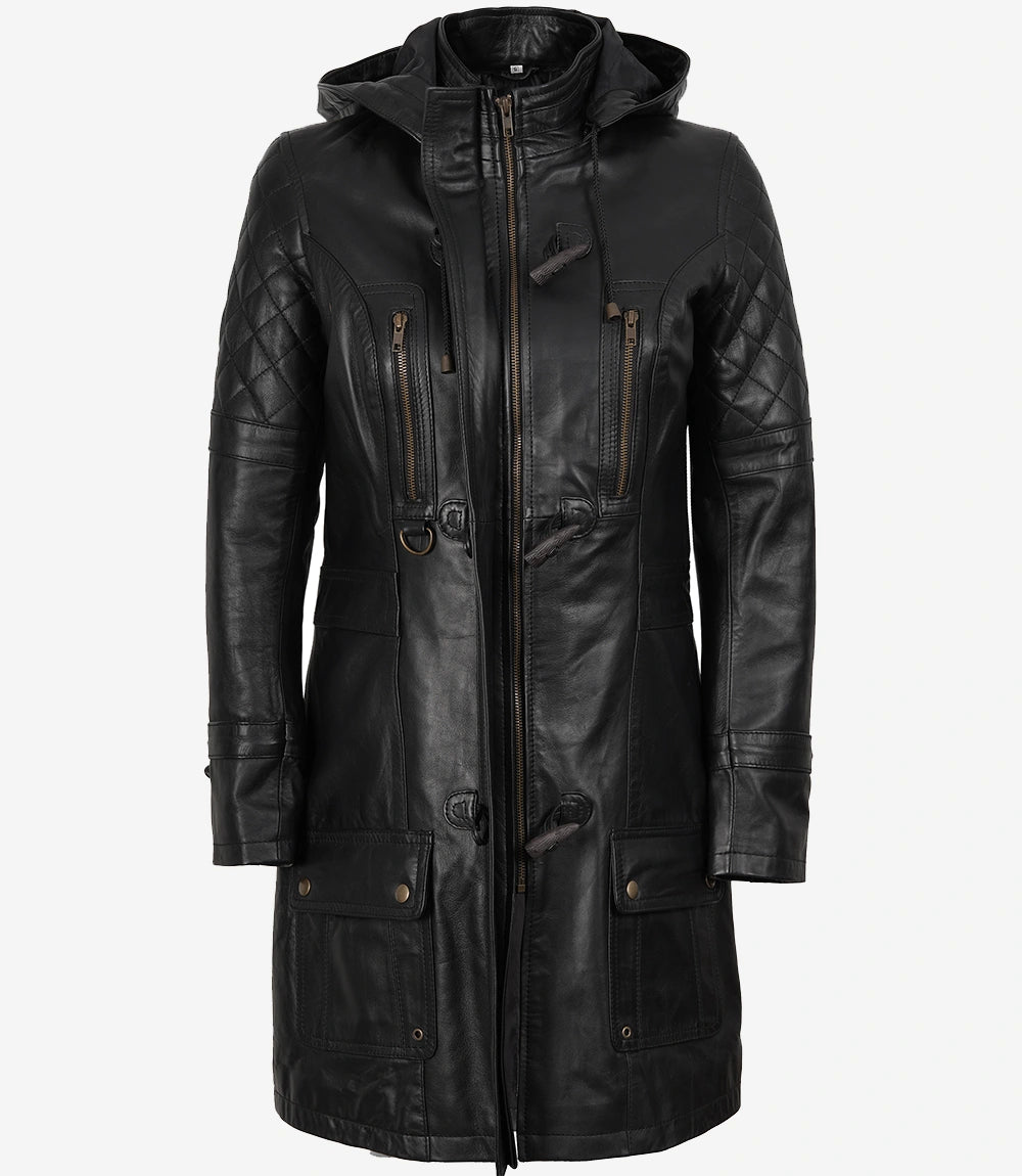 Women's 3/4 Length Black Leather Hooded Coat