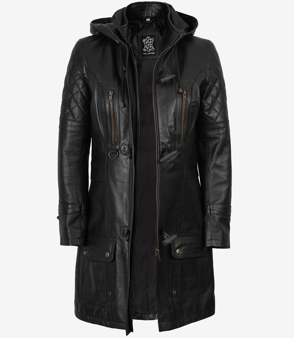 Women's 3/4 Length Black Leather Hooded Coat