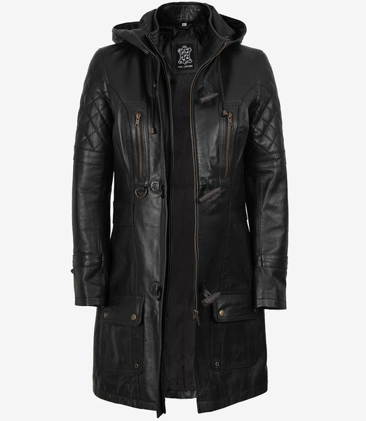 3/4 Length Black Coat Womens | Black Hooded Leather Coat – FJackets