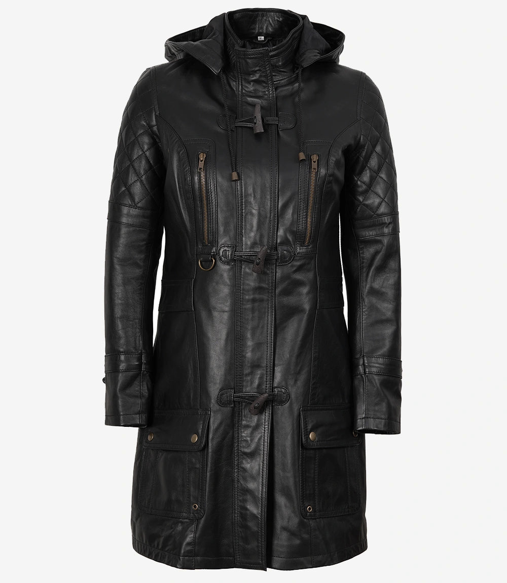 Women's 3/4 Length Black Leather Hooded Coat