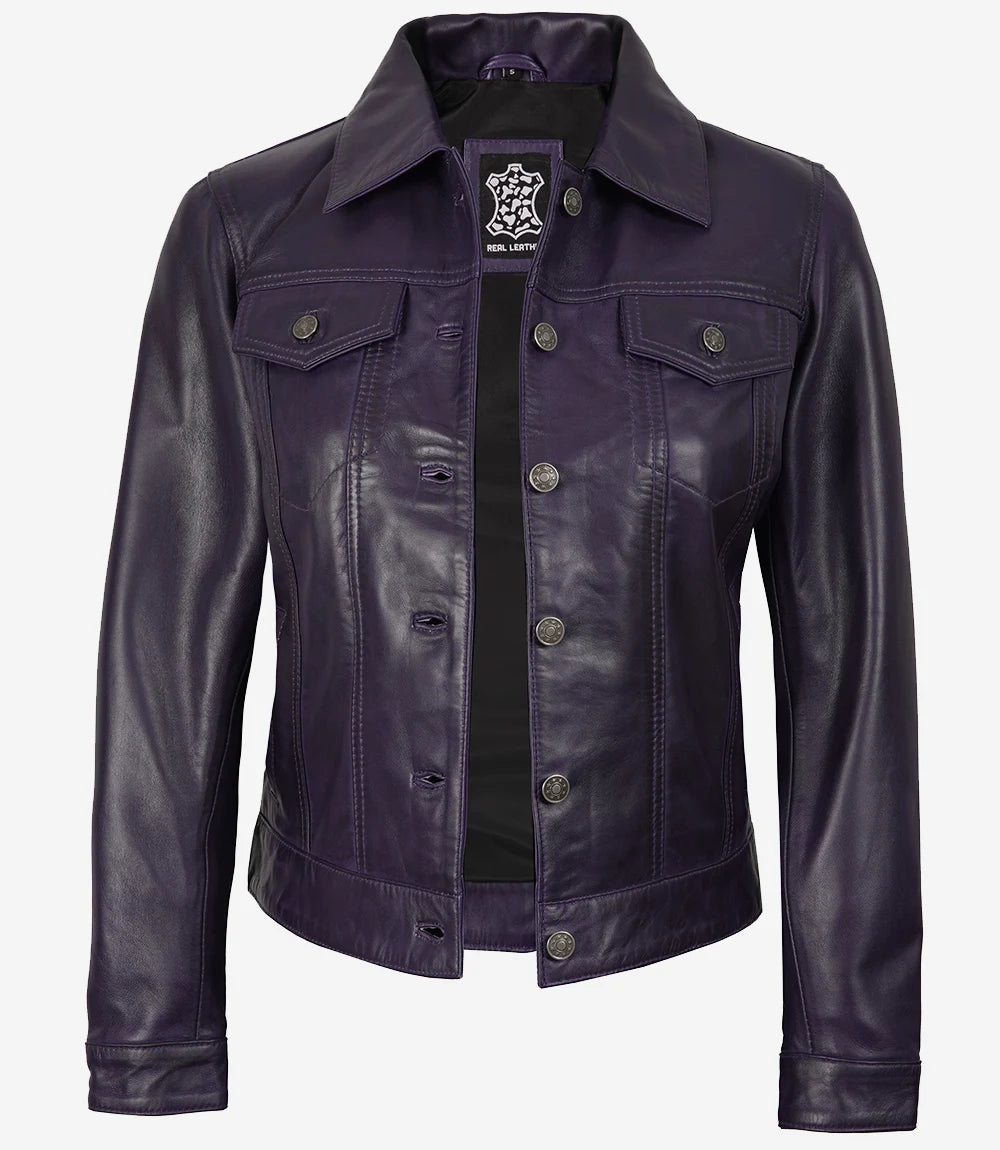 Women's Purple Leather Trucker Jacket