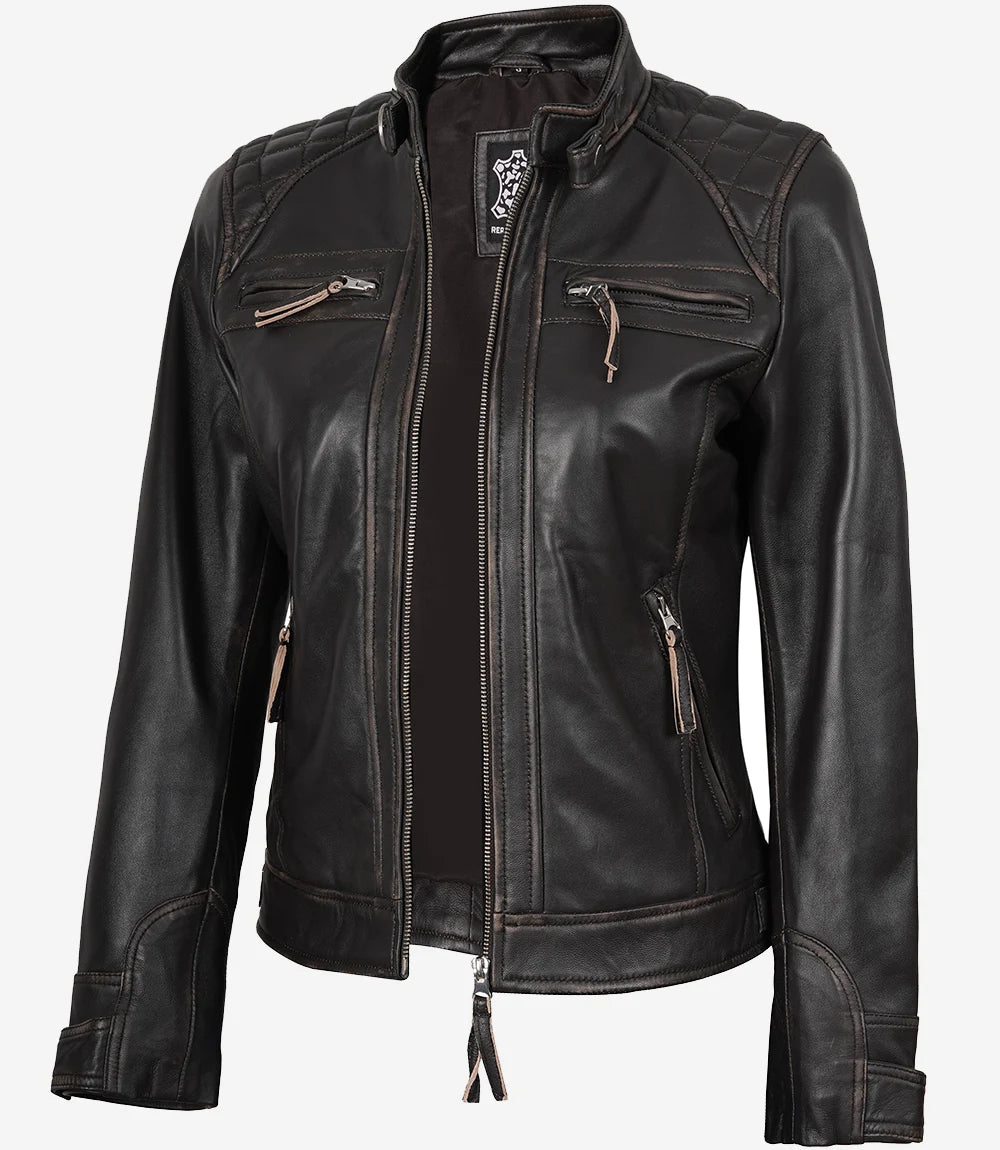Women's Quilted Distressed Brown Real Lambskin Leather Biker Style Jacket