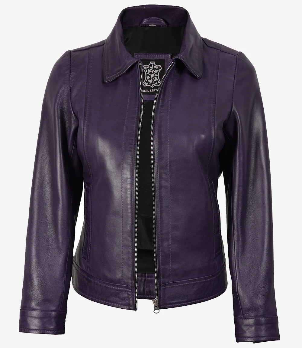 Womens Shirt Collar Purple Leather Jacket