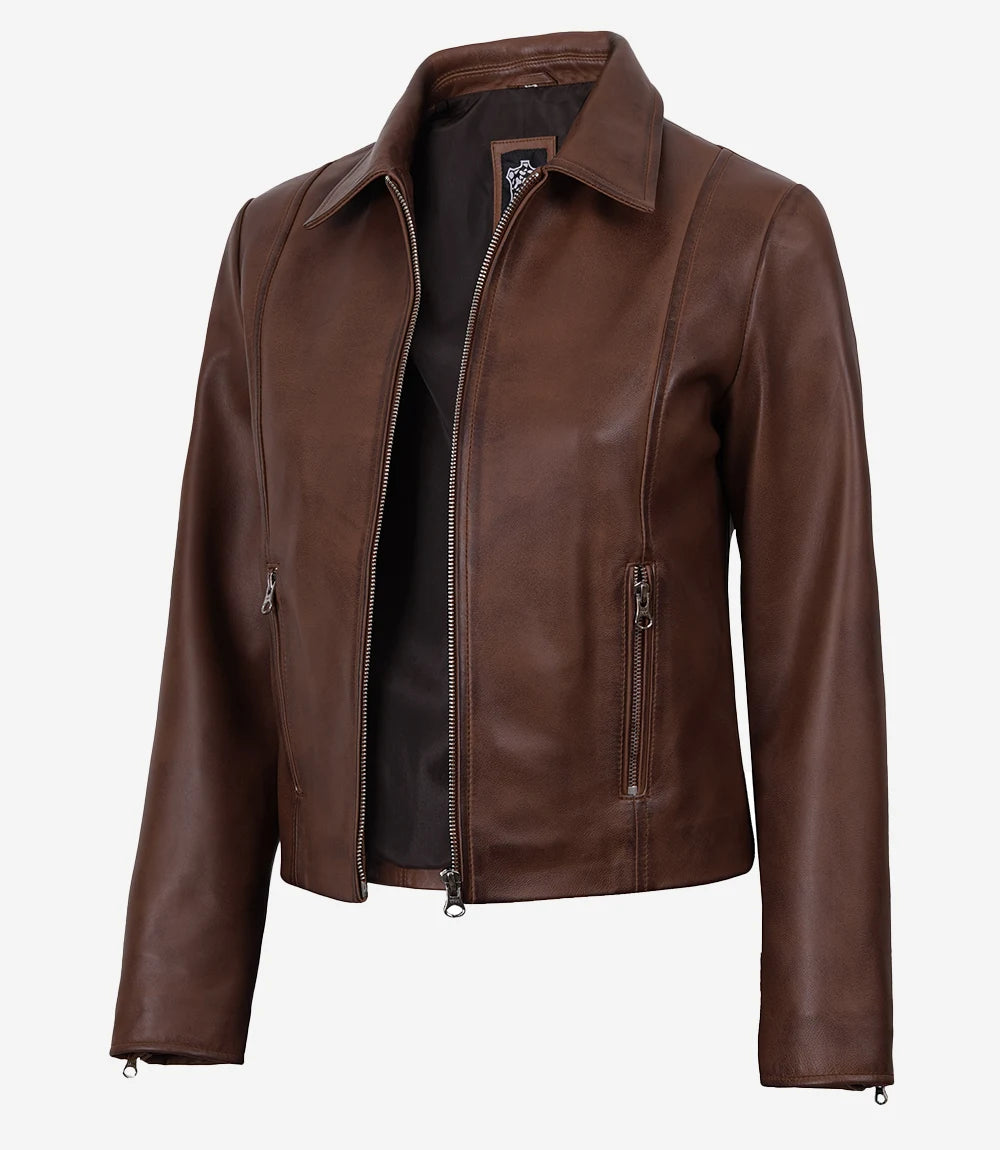 Women's Cognac Waxed Harrington Leather Jacket