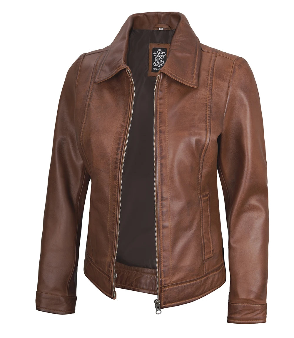 Womens Shirt Collar Cognac Leather Jacket