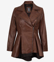 Womens Asymmetrical Cognac Peplum Leather Jacket