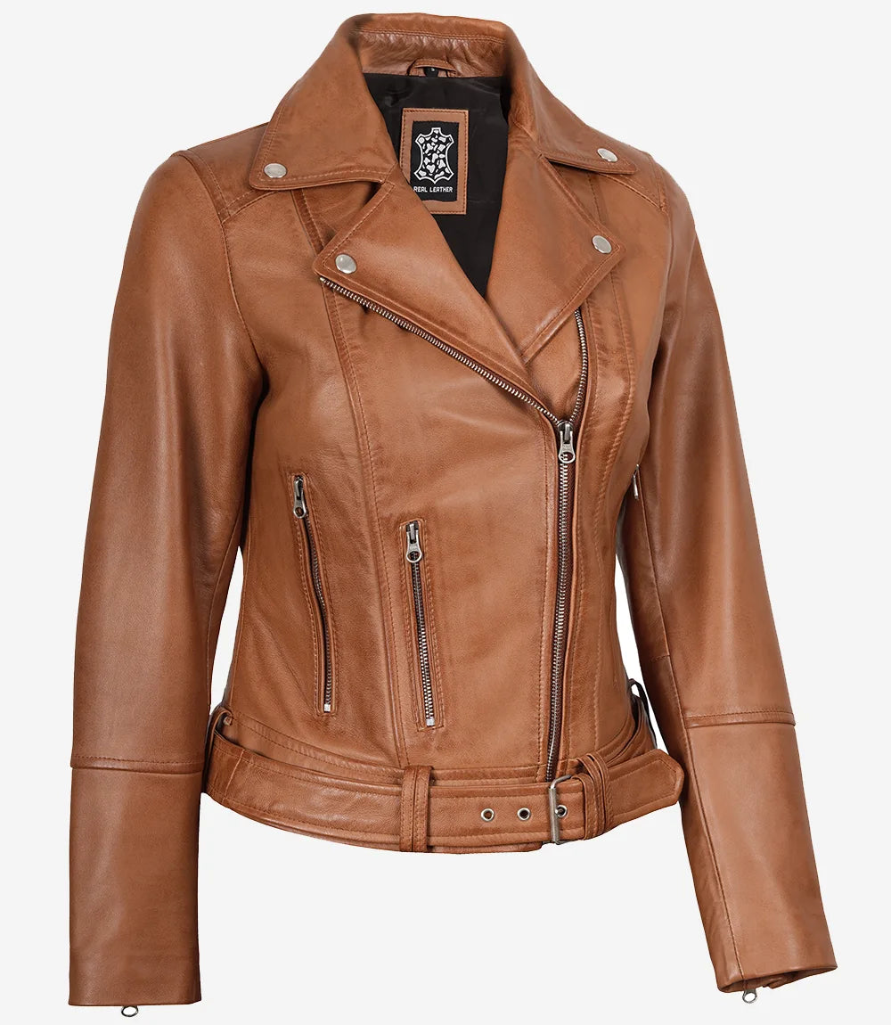 Women's Asymmetrical Belted Tan Leather Jacket