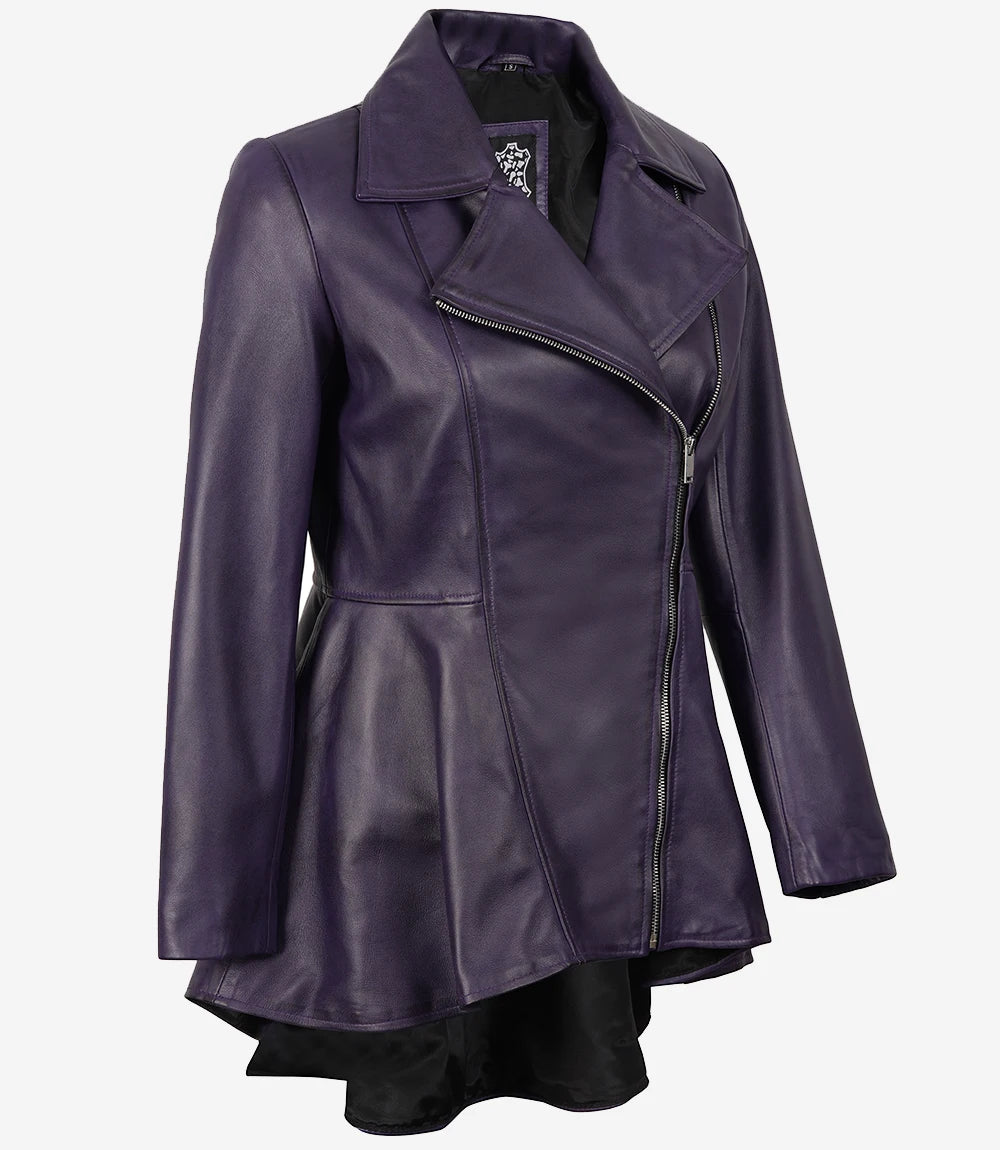 Womens Asymmetrical Purple Leather Peplum Jacket
